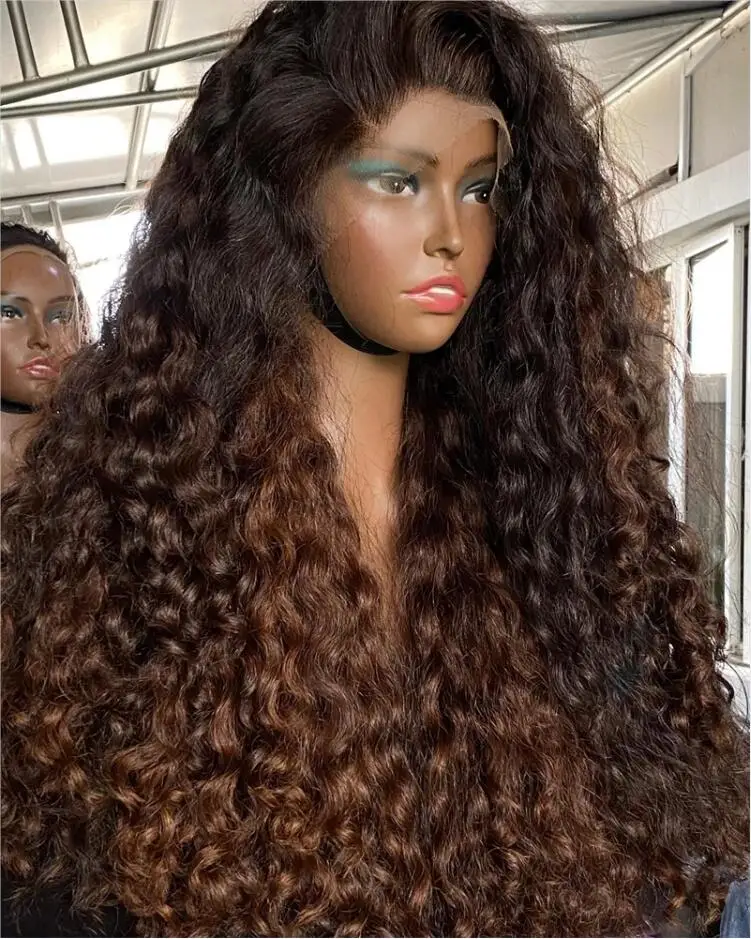 Glueless 26inch Soft Ombre brown Long 180% Density Kinky Curly Lace Front Wig For Black Women Babyhair Preplucked Daily Cosplay