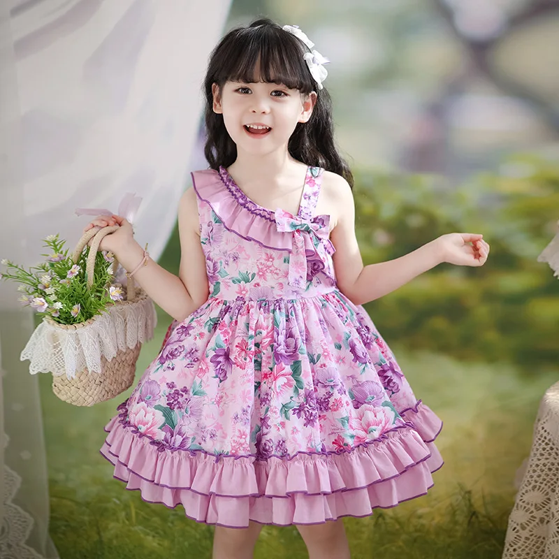 

2024 New Summer Girls Floral Printed Princess Ball Gown Children Cute Sleevelss Birthday Party Performance Dress y1182