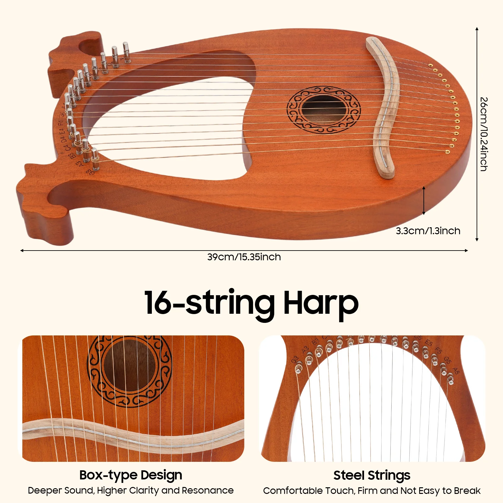 قيثارة الماهوجني على الطراز الأوروبي مكونة من 16 سلسلة، قيثارة شعبية محمولة مع موالف ومنصة للأطفال المبتدئين ومحبي الموسيقى