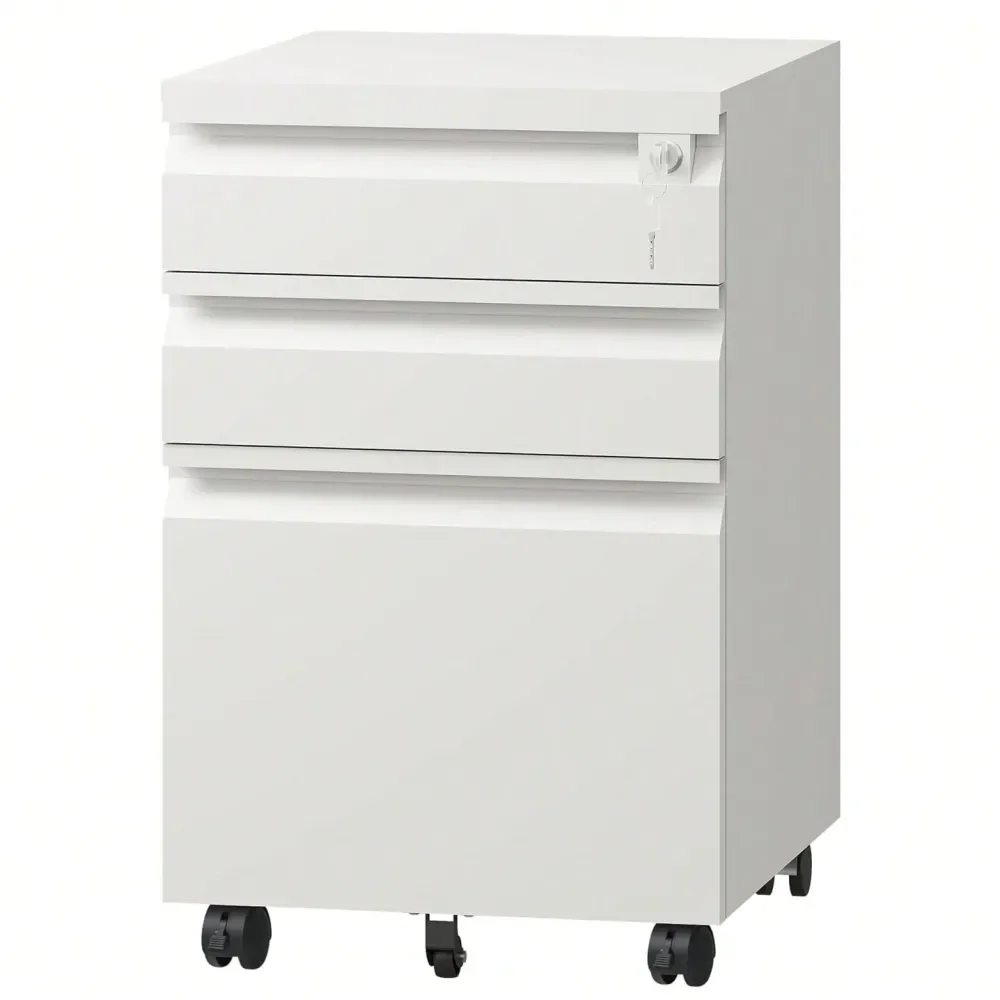 

Office Storage Cabinets And Shelving3Drawer White Metal File Cabinet With Lock Wheels, Home Office Under Desk Storage Organizer