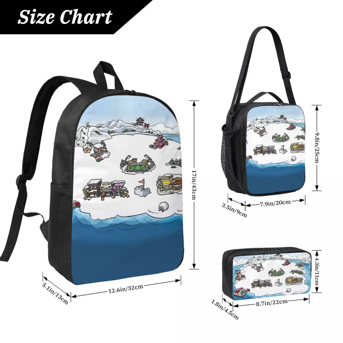 Club Penguin M Backpack Student Boys Girls BookBag School Bag Laptop Shoulder Bags 3ps Insulated Lunch Bag Pencil Case