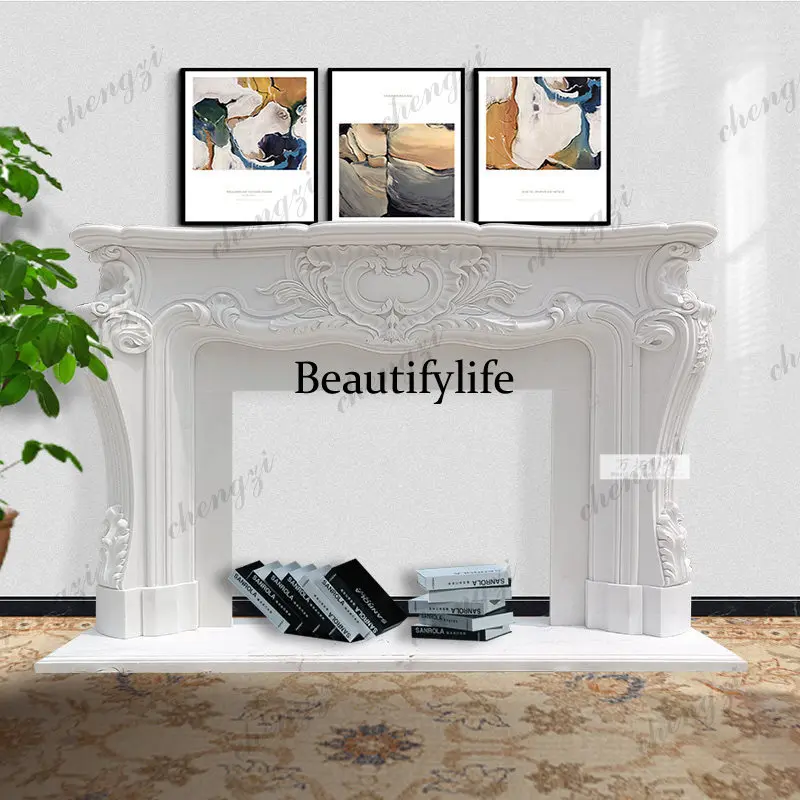 Marble fireplace European carved villa decorative cabinet white marble stone French stone carving fireplace rack