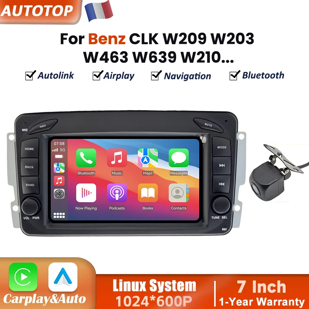 Bezprzewodowe radio samochodowe z CarPlay i Android Auto, 7-calowy ekran dotykowy z systemem Linux do Mercedes Benz CLK W209 W208 Klasy E W210 Klasy C W203 SLK R170 Vito Viano W639, z funkcjami