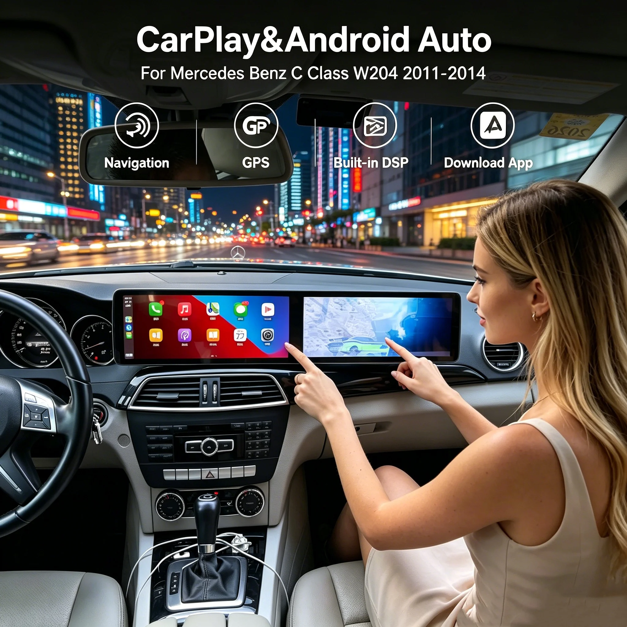 Dual 12.3 Inch Screen CarPlay GPS Navigation For Mercedes Benz C Class W204 2011-2014 Touch Screen Multimedia Stereo Head Unit