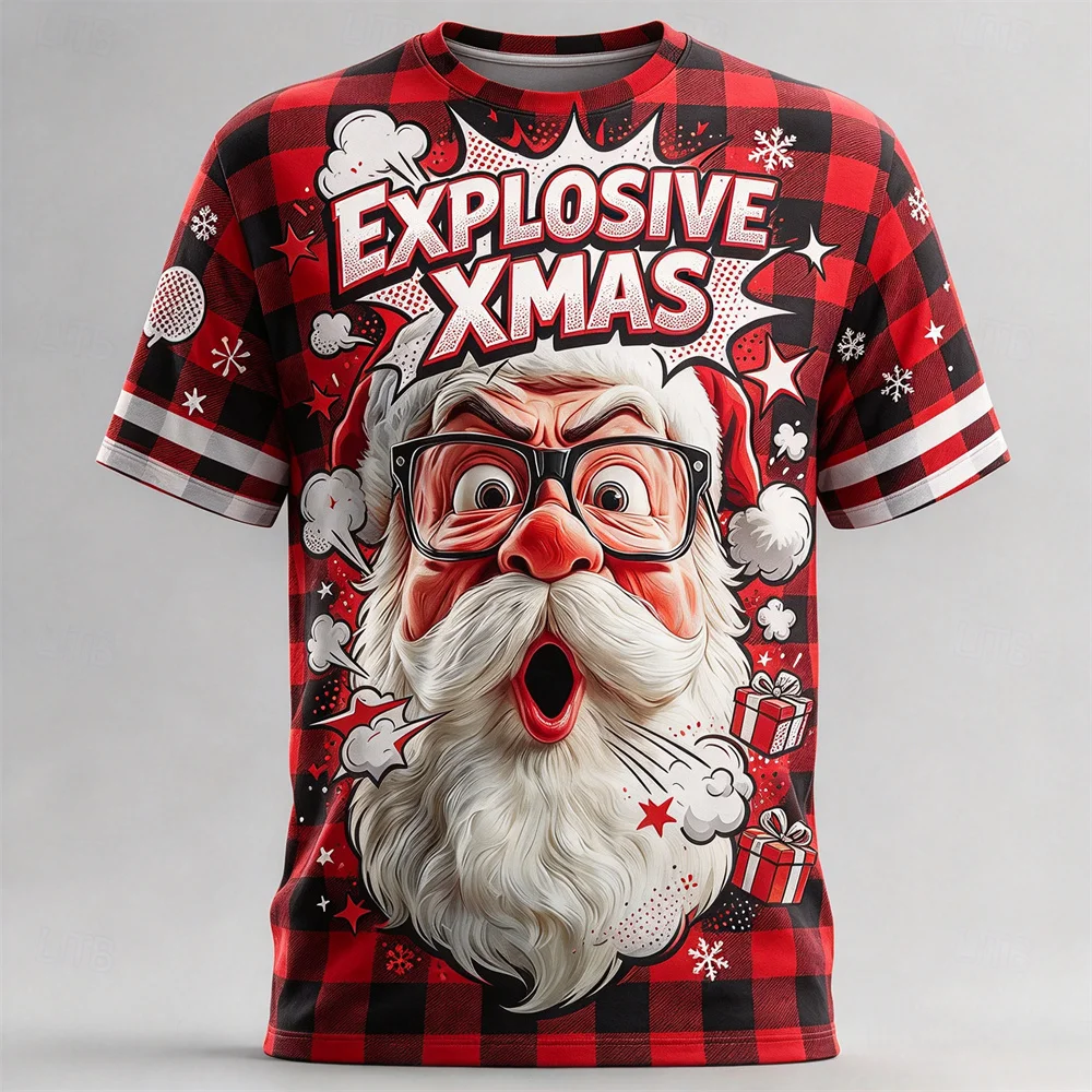 Christmas Men's Short Sleeve Tee Funny Santa Graphic T-shirt Plaid Splicing Xmas Tops Ugly Christmas Party Costume Male Clothing