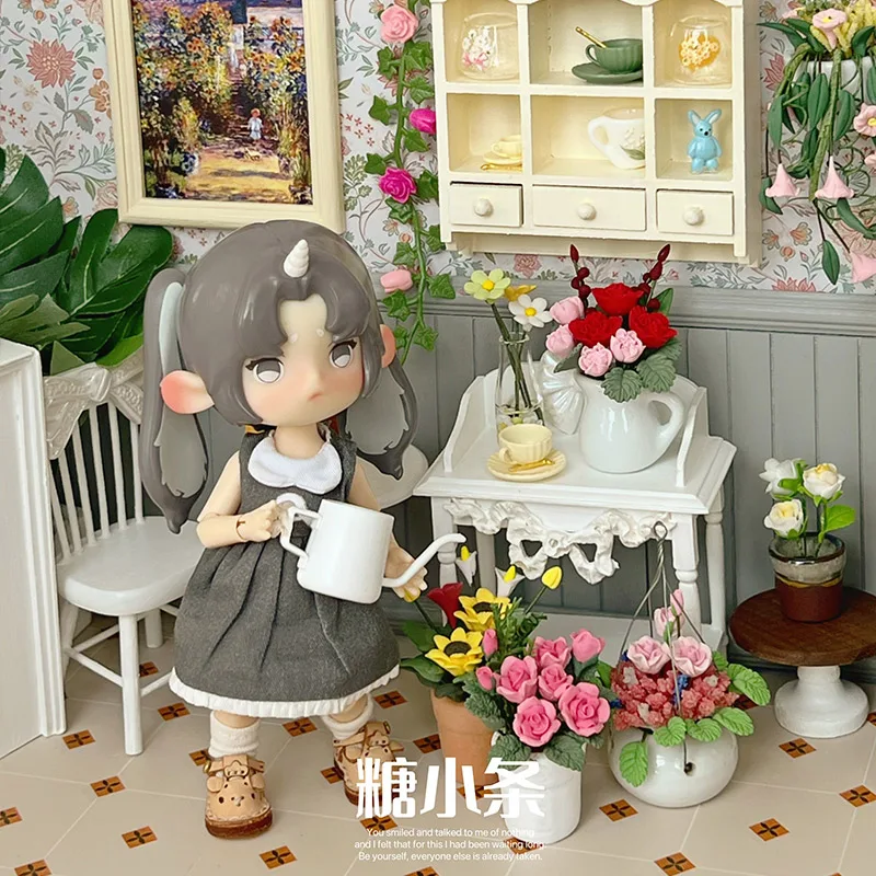 Doll House Miniature Clay Flower Bjd Doll Green Plant Potted Plant Turtle-back Bamboo Model Mini Carnation Lily Flower Ornament