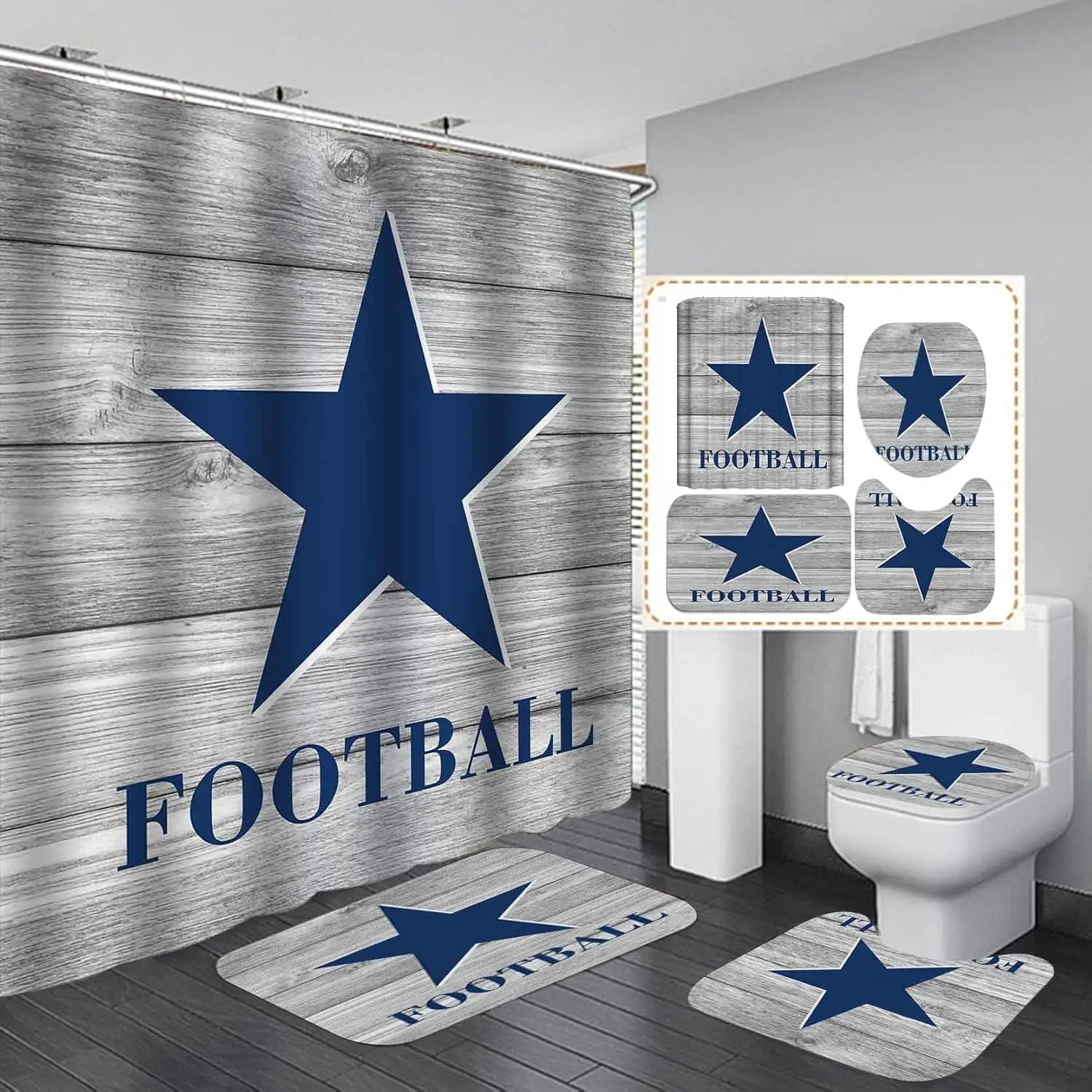 

4PCS/Set American Football Shower Curtain, Navy Blue Texas Star Rustic Wood Planks Player Athlete Sports Bathroom Decor for Men