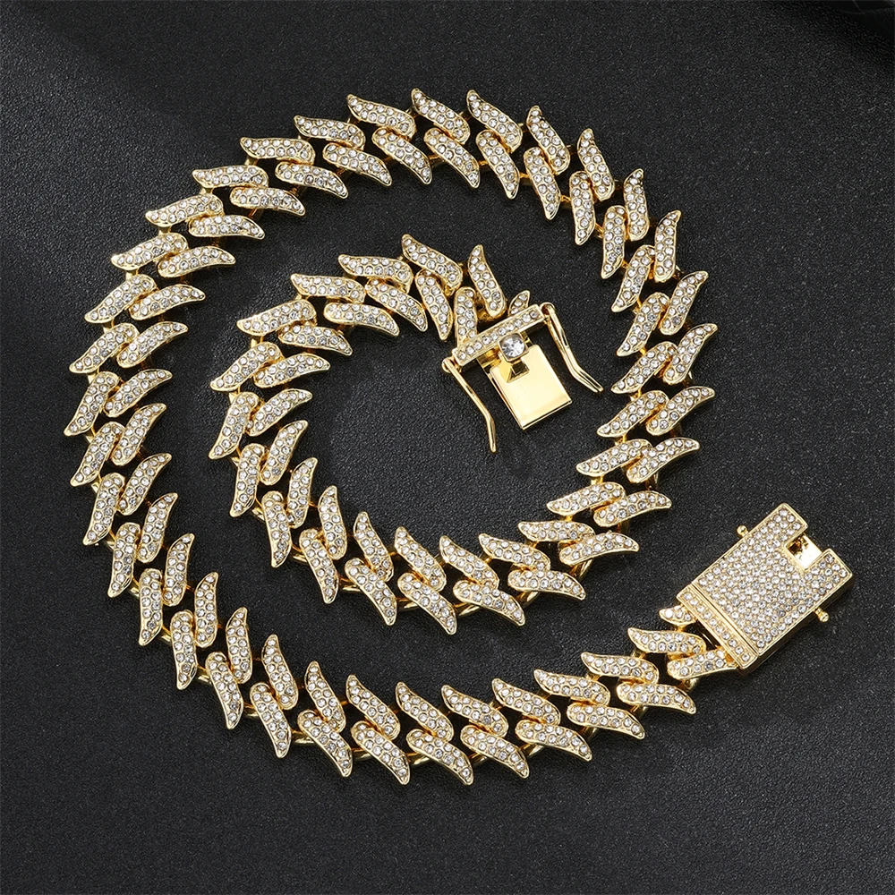 

Hip Hop 16MM Bling AAA+ Iced Out Rhinestones Thorns Cuban Link Chain Necklace For Men Women Rapper Jewelry Solid Back