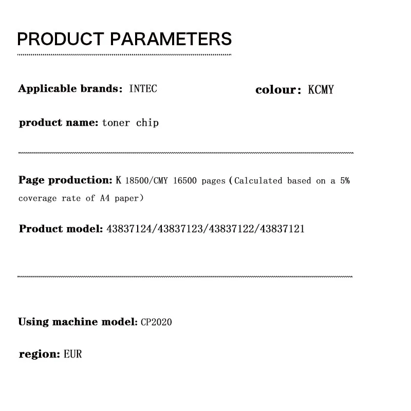 EUR 43837124 43837123 43837122 43837121 K C M Y  toner cartridge chip Toner Chip for INTEC CP2020 18.5K  16.5K