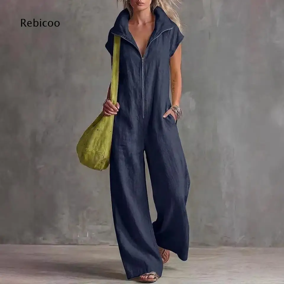 Zip Front Wide Leg Jumpsuit For Women Stand Collar Short Sleeve Side Pockets Loose Cut One Piece Suit For Street Leisure Outfits