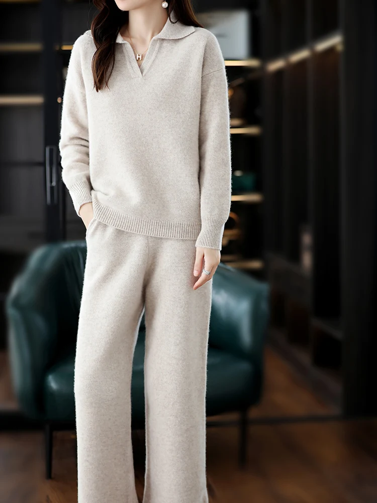 New Cashmere Suit Female Lapel Korean Version Of Senior Casual Sweater Wide-Leg Pants Wool Knitted Two-Piece Suit