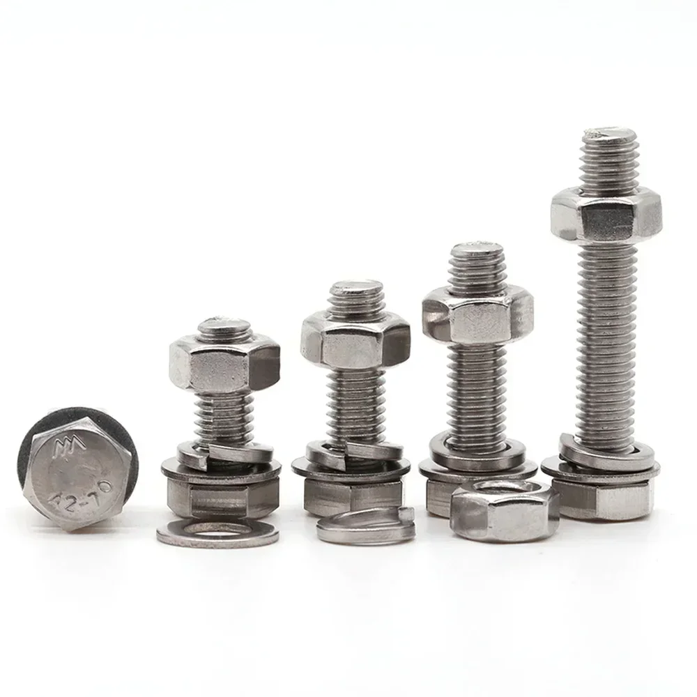 20 conjuntos de parafusos sextavados m3 m4 a2 304 aço inoxidável din933 parafuso de cabeça hexagonal arruela plana conjunto de porca de mola l = 6-30mm 8mm 10mm 12mm 16mm 20