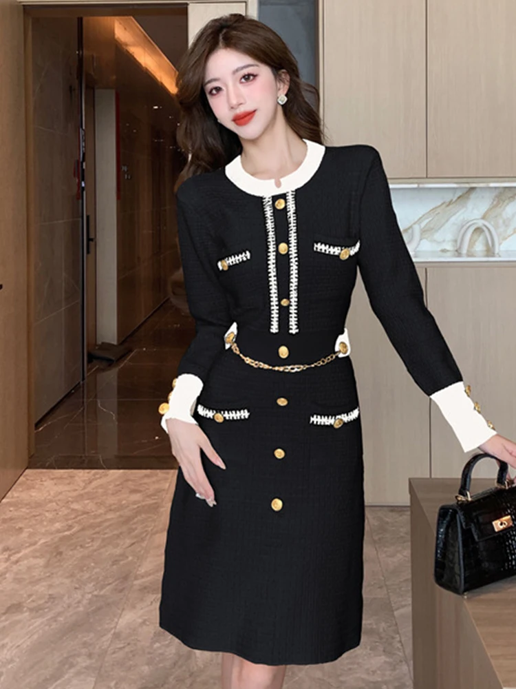 New Fashion Autumn Winter Formal Knitted Short Dress Women Ladies Clothing Sweater Chic O-Neck Slim Mini Mujer Stretchy Vestidos