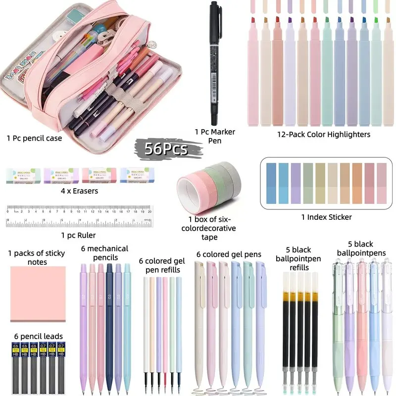 56pcs stationery pencil case set, equipped with assorted pens, highlighters, erasers and desk supplies for neat note-taking.