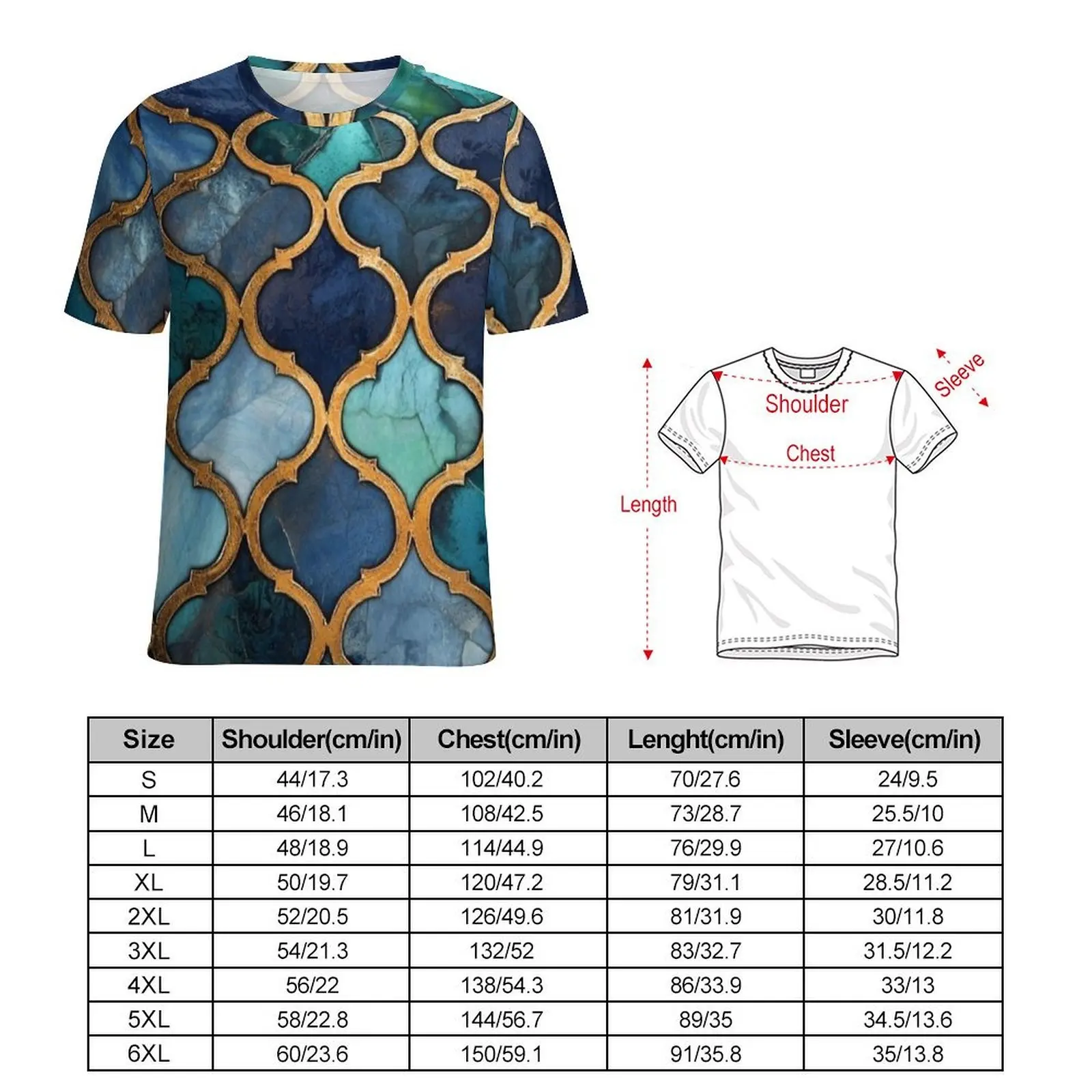 Teal Marble Gold Moroccan Tile T-Shirt For Men  Design O Neck T Shirts Summer Harajuku Tops Short-Sleeve Funny Plus Size Tees