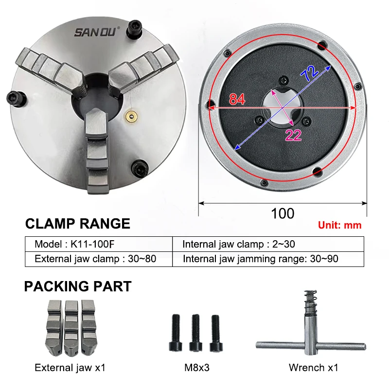 chu-chan SANOU Lathe Chuck 100mm K11-100 Front Mount 3 Hole 3 Jaw Self