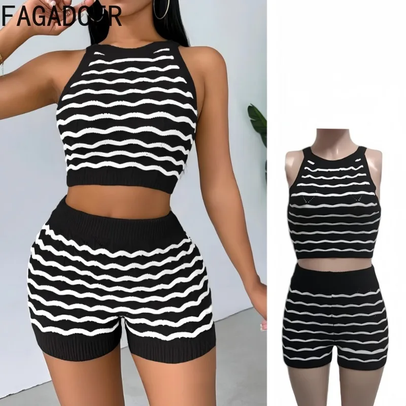 

FAGADOER Summer New Sexy Stripe Knit 2 Pieces Set for Woman Black and White Patchwork Sleeveless Crop Top and Shorts Streetwear