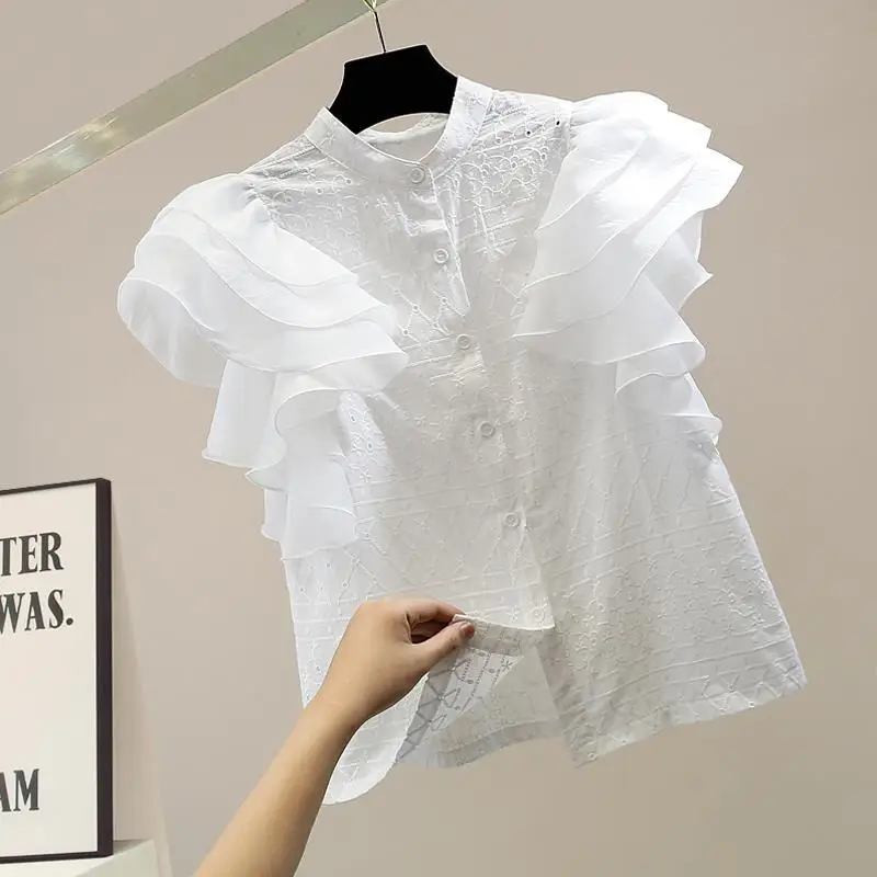 Ruffle Flying Sleeve Stand Collar Woman Shirt Summer 2024 Vintage Elegant Loose Casual Women Blouse Design Blusas Mujer Moda