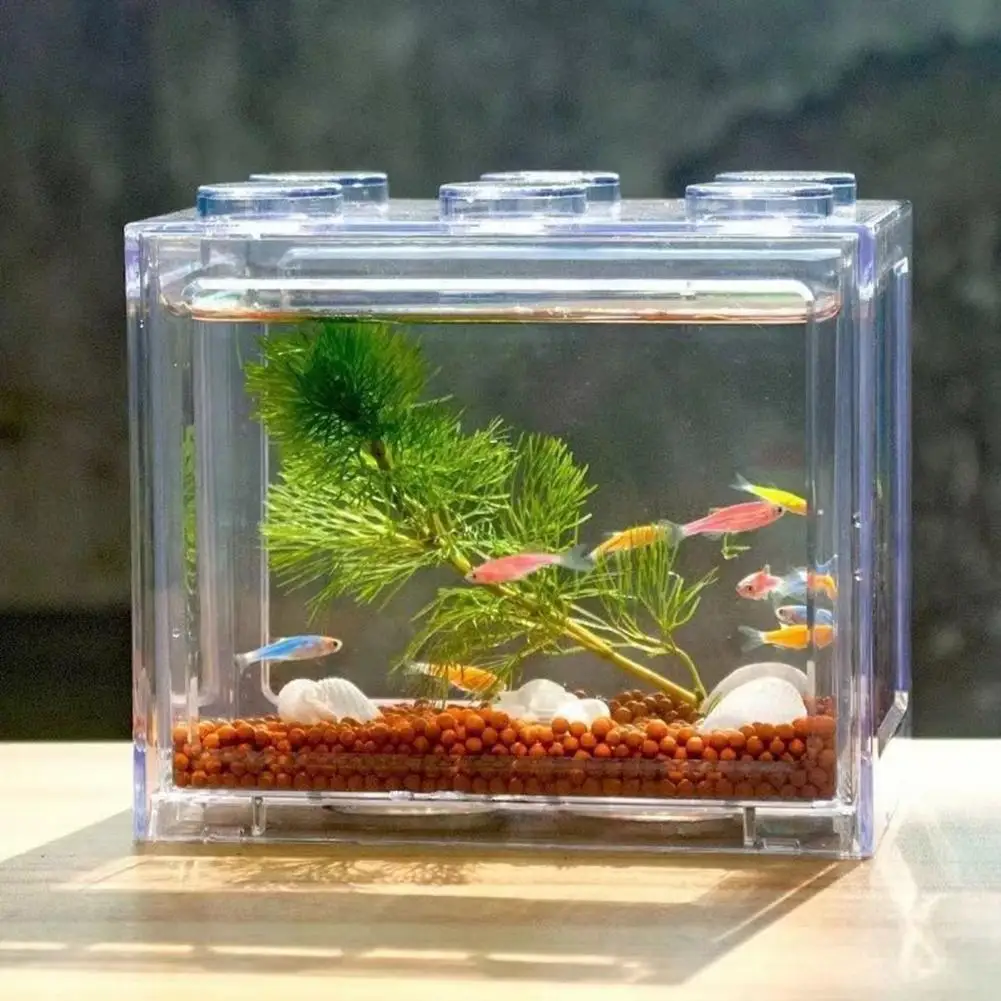 Fish Tank Plastic Desktop Fish Tank Visible Decorative  Cute Building Block Design Desktop Mini Aquarium