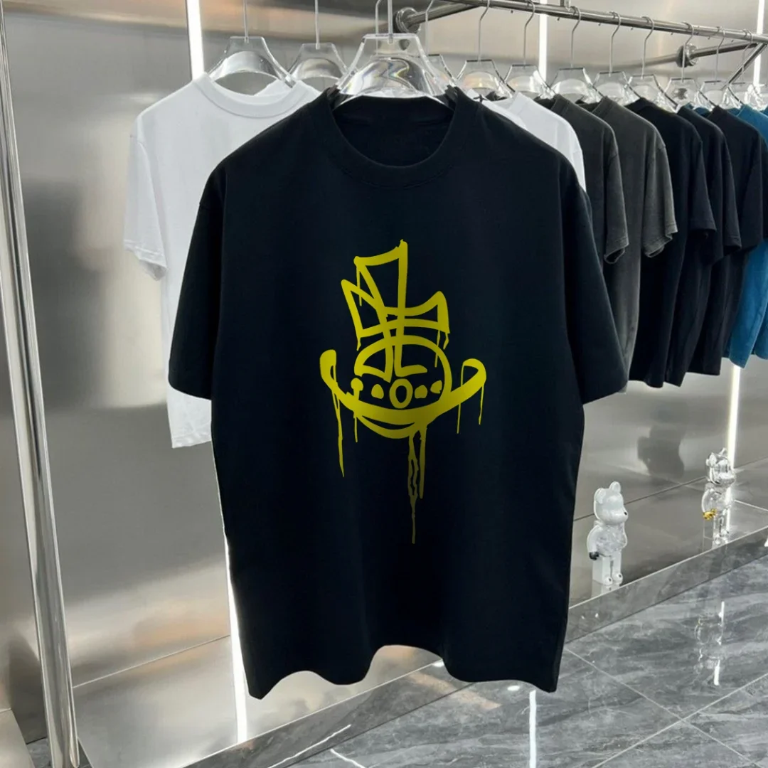 트렌디한 브랜드의 새로운 여름 토성 프린트 커플 코튼 반팔 티셔츠 남성과 여성의 다용도 라운드 넥 캐주얼 루즈 탑