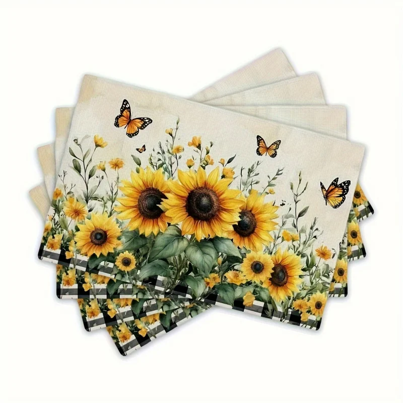 VIKAMA 4-Piece Sunflower And Butterfly Placemats, Kitchen And Party Table Decor, Machine Washable, Dishwasher Safe
