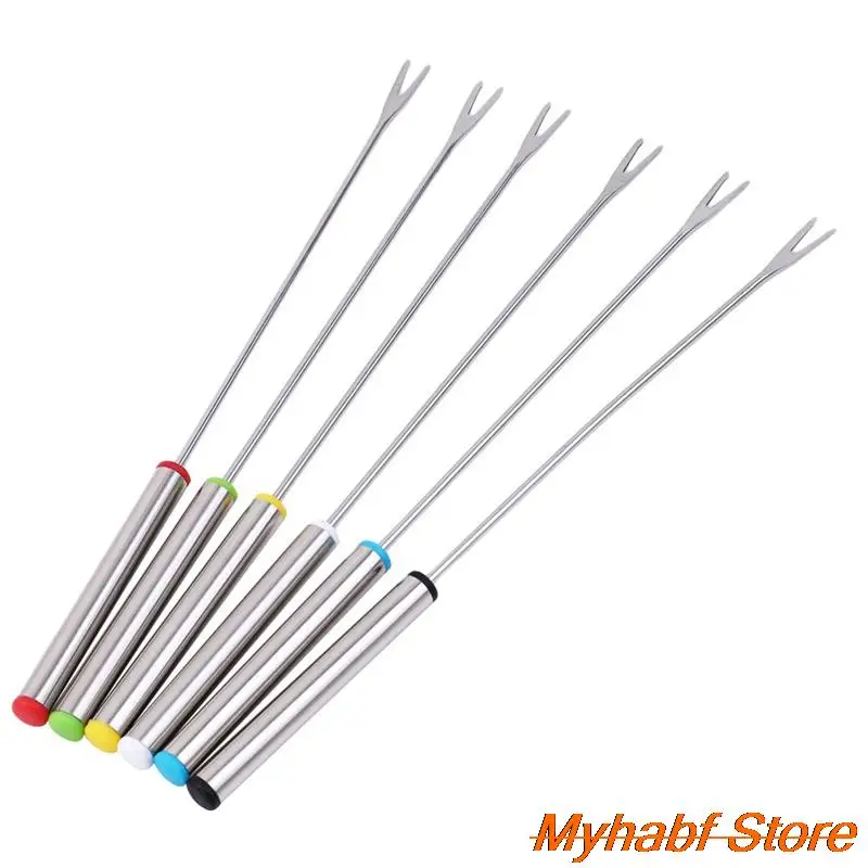 6pcs 24cm Stainless Steel Dessert Fruit Forks for Party Reusable Two-tine Fruit Fork Barbecue Sticks Marshmallows Dessert Fork