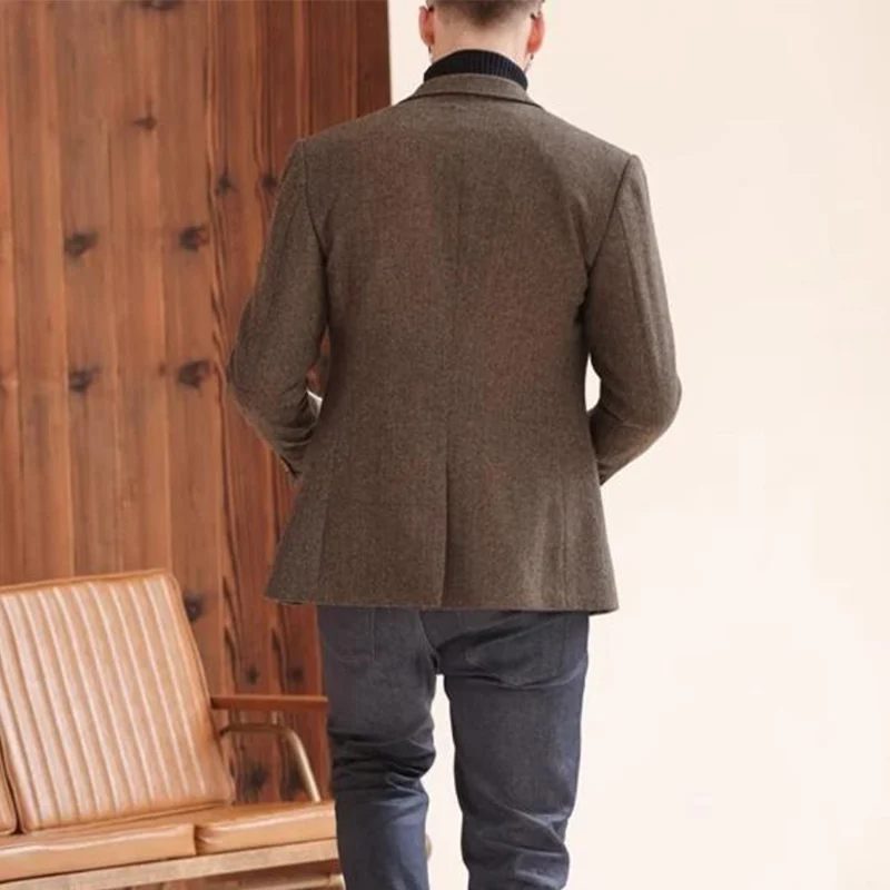 Autumn and Winter Thickeneded Retro Coarse Woolen Suit Business Casual British Style Herringbone Pattern Suit Jacket for Men