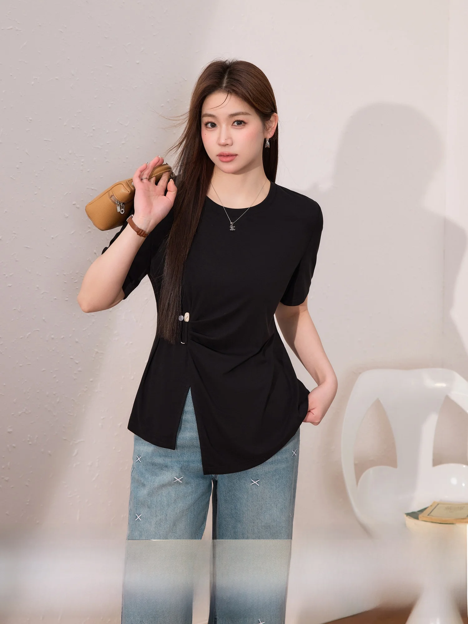 

Blue Language plus Size Women's T-irt Bla Lyocell Cool Sensation ort Sve Waist Cinching Belly Covering Summer New Ar...