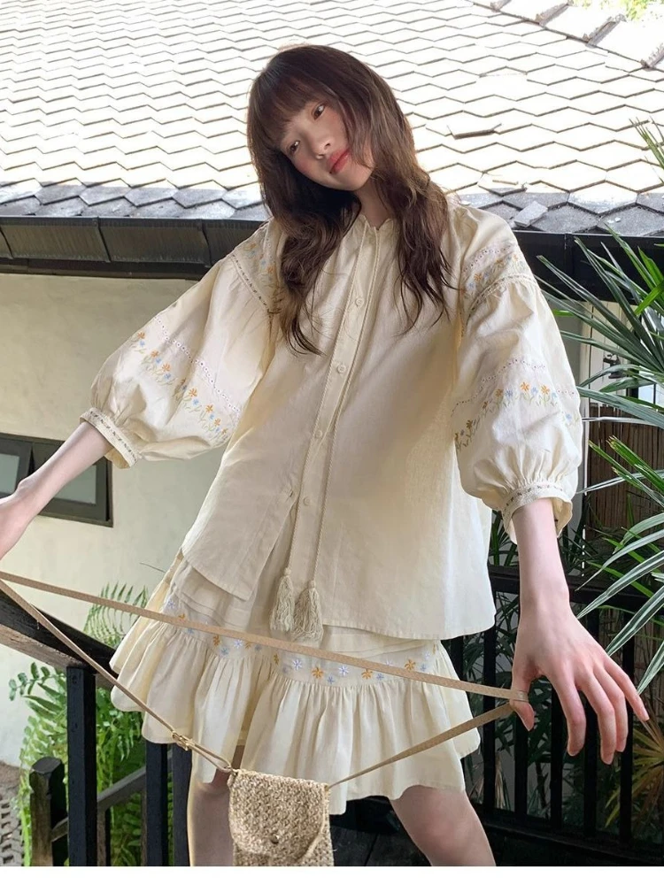

2026 Summer Light Blue Ethnic Embroidered 2PCS Set for Women, Sunscreen Shirt + Ruffle Hem Skirt Casual Daily Vacation Outfit