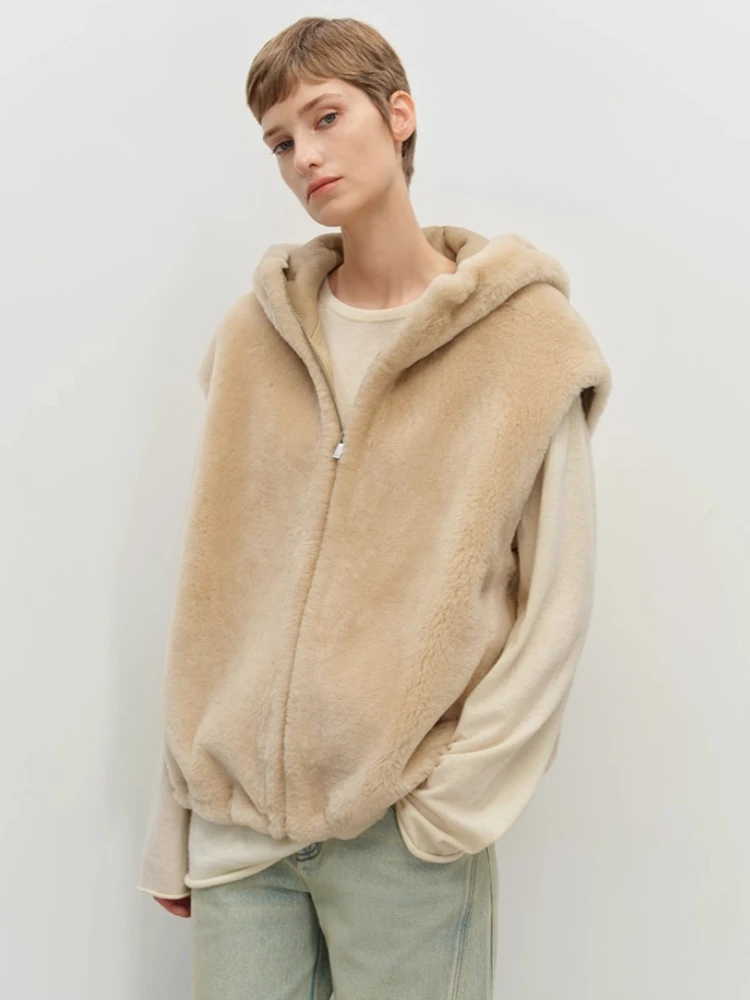 High-end Luxury Merino Sheep Fur Sleeveless Vest Jackets Women Autumn Winter Simple Short Hooded Genuine Leather Real Fur Coat