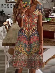 Summer Dress For Women New Sundress Vintage Floral Printed Dress Female Clothes Elegant Casual V-Neck Short Sleeve Party Dresses