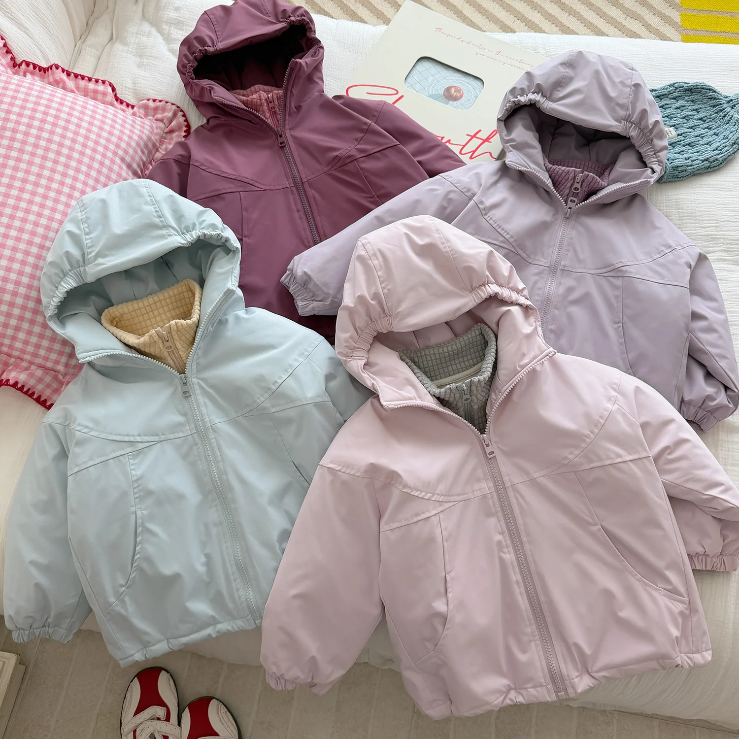 Girls Fleece Quilted Jacket 2026 Winter New Diamond Quilted Windproof Hooded Loose Warm Padded Coat Top