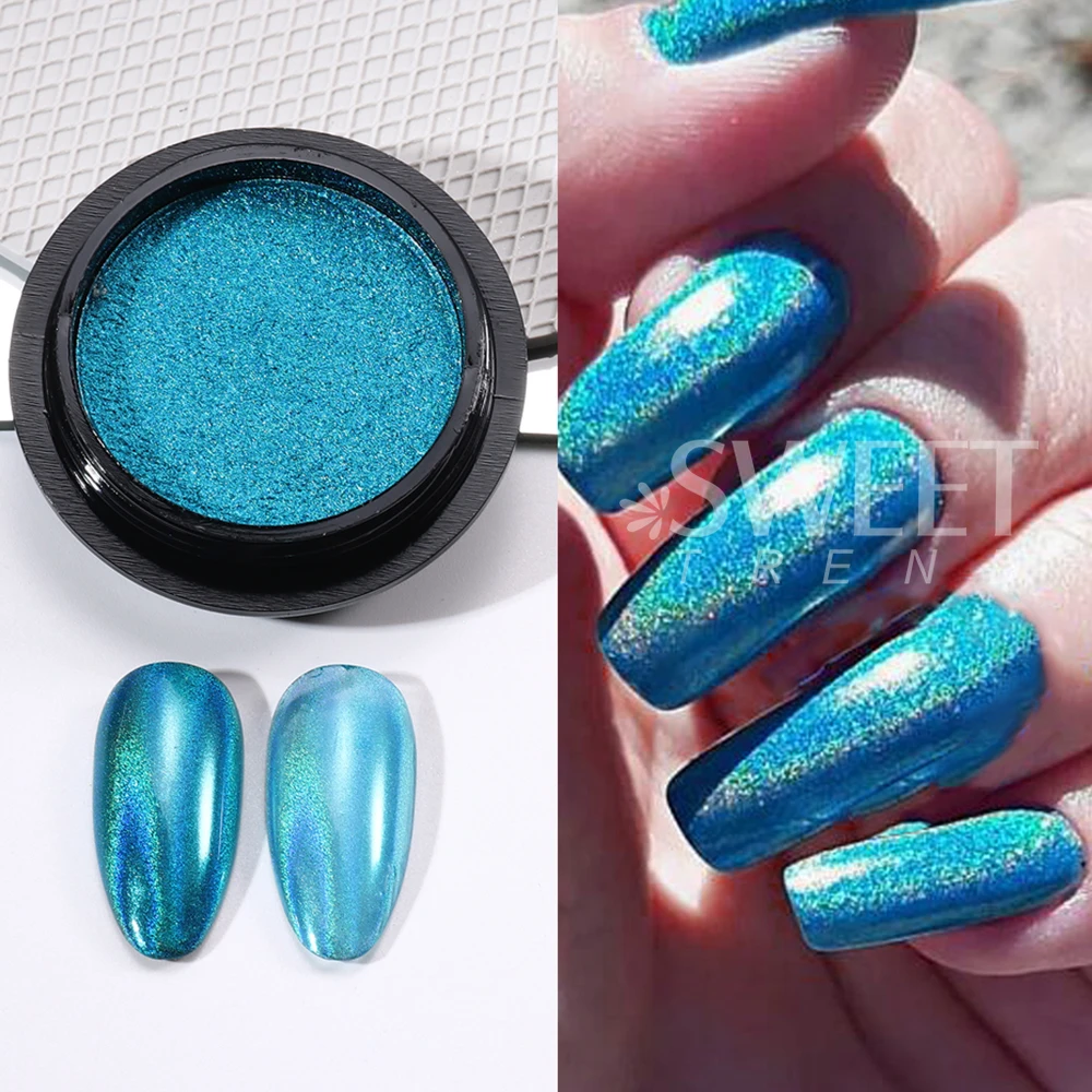 الأخضر الكروم الأظافر بريق مسحوق الغبار المجسم الأزرق فرك على مسحوق مرآة الصباغ عيد القديس باتريك موضوع مانيكير ديكور