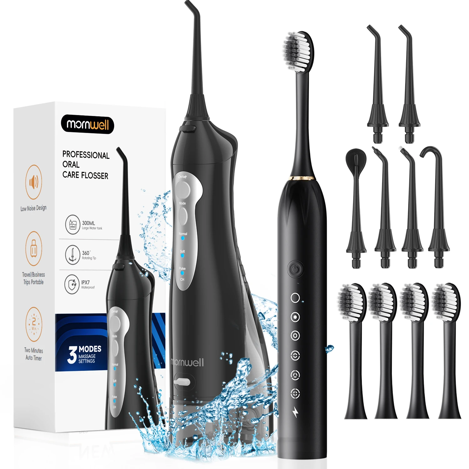 Mornwell Portable Water Flosser with Electric Toothbrush Combo:Gums Care - Brushing & Flossing for Adults, Travel Use, D52 & X3