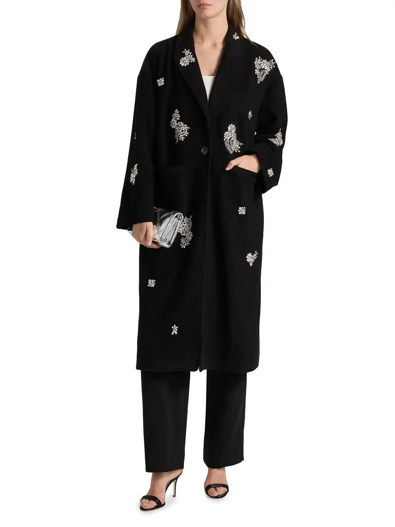 Elegant Woman Overcoat 1 Piece Wool Blend Blazer Single Breasted Notched Lapel Crystal Outdoor Occasion Warmth Coat Customized