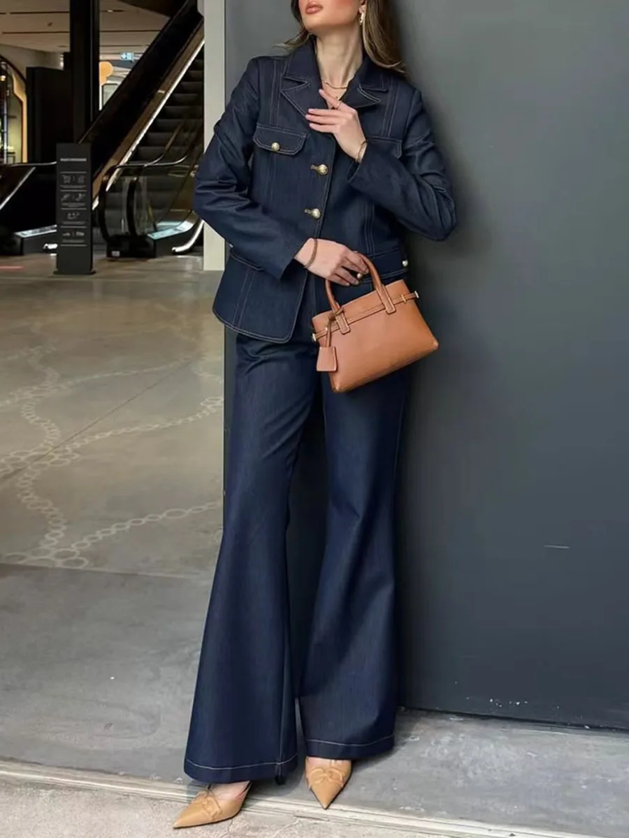 TWOTWINSTYLE Set Dua Potong Pelangsing untuk Wanita Kerah Lengan Panjang Sambungan Atasan Kancing Sebaris Celana Pinggang Tinggi Set Elegan Wanita