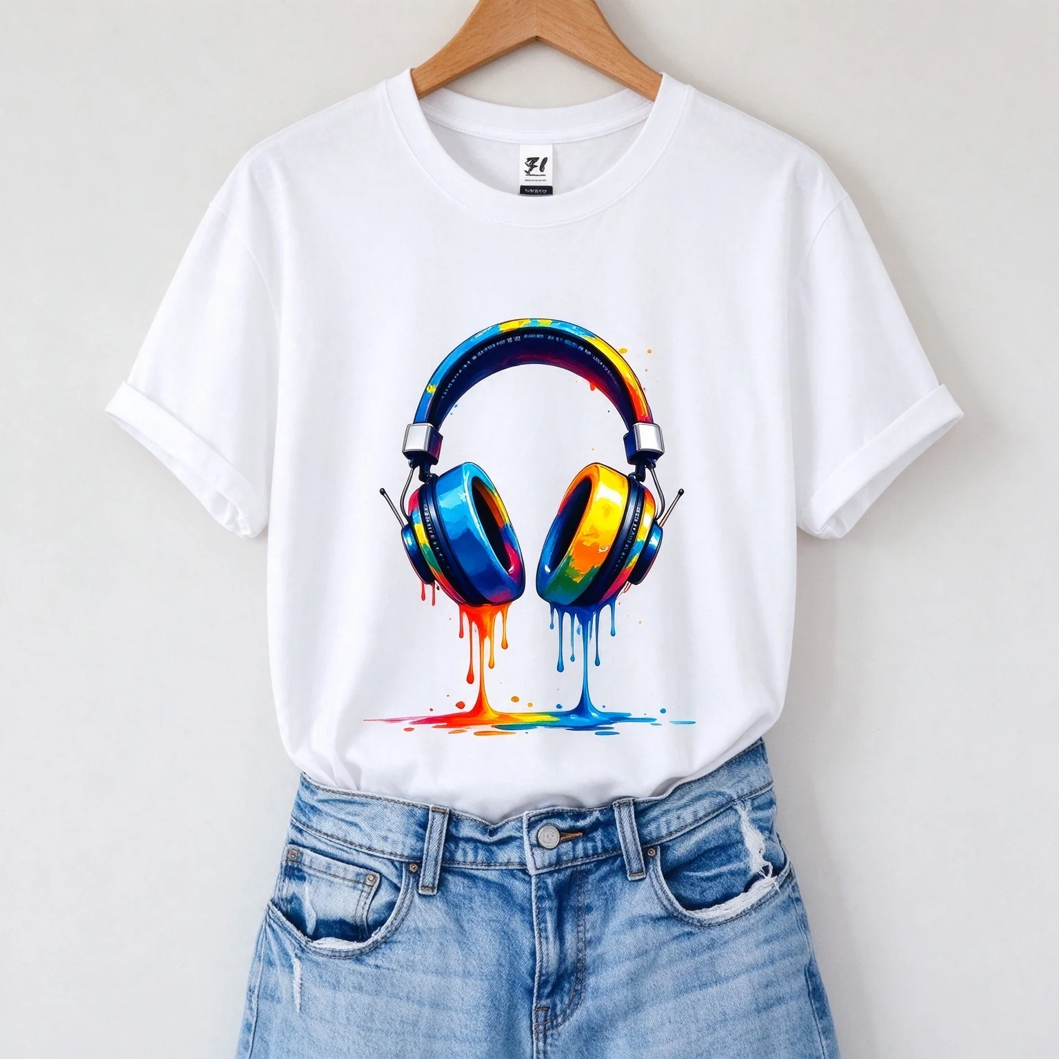 Unisex Short Sleeve T Shirt Color Drip Headphone Graphic Tees Music Graffiti Print Casual O Neck Summer Tops For Men Women