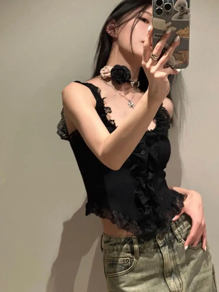 Yedinas Knitted Patchwork Lace Tank Tops Sleeveless Tshirts Korean Fashion Summer Tops Hotsweet Korean Fashion Crop Top Y2k Chic