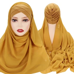 Instant Hijabs Chiffon Hijab Scarf With Cross Jersey Caps Bonnet Brand Design Muslim Scarf Women Islamic Underscarf