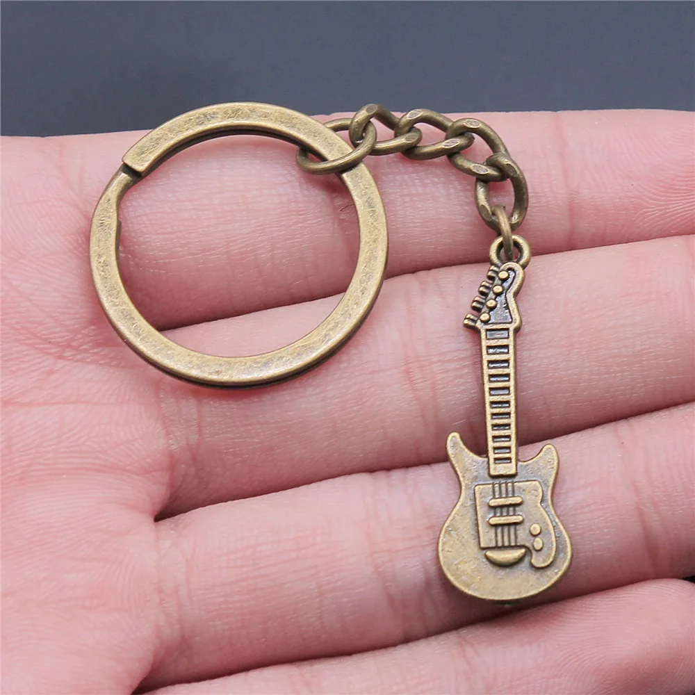 New Fashion Men Keychain Dropshipping Vintage Antique Bronze Color 12x35mm Guitar Pendant Gift