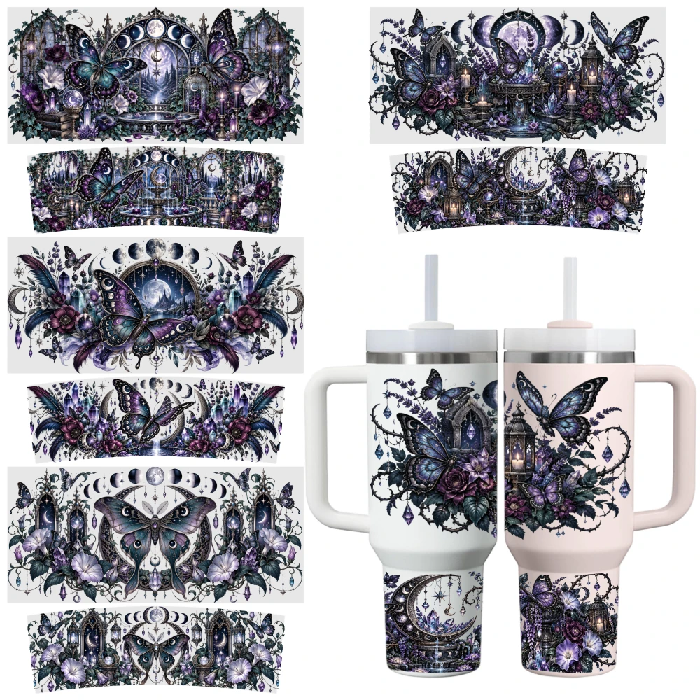 5 Sheets Mystical Butterfly Moonlight Gothic Floral Design UV DTF Stickers for 16 oz Tumbler Waterproof Decals UV DTF Transfer
