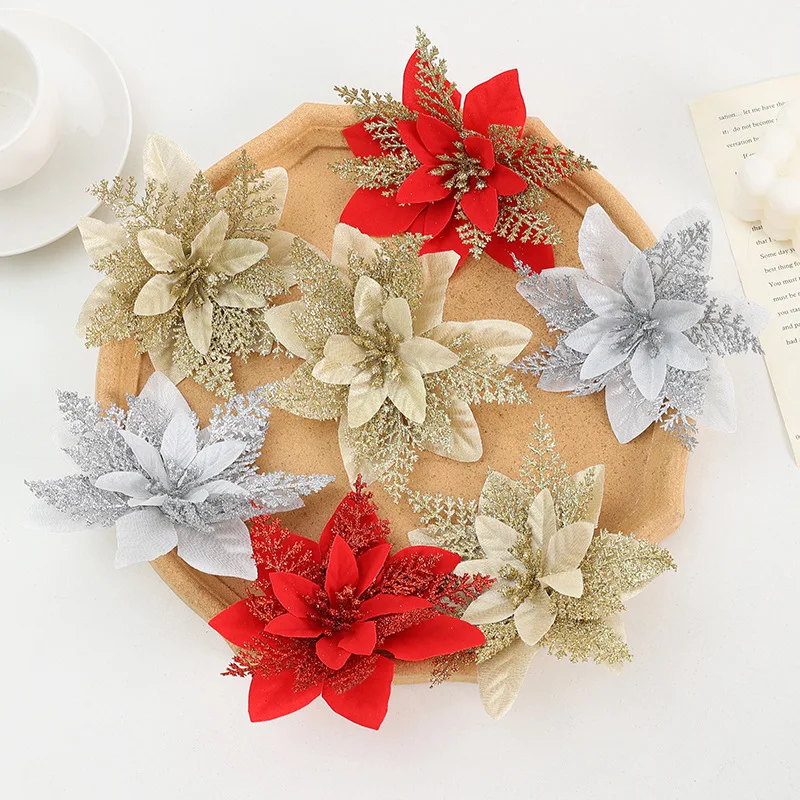 

Gold-powder Christmas flowers, double-layered flower head Christmas tree wreath decoration for home windows and decorations