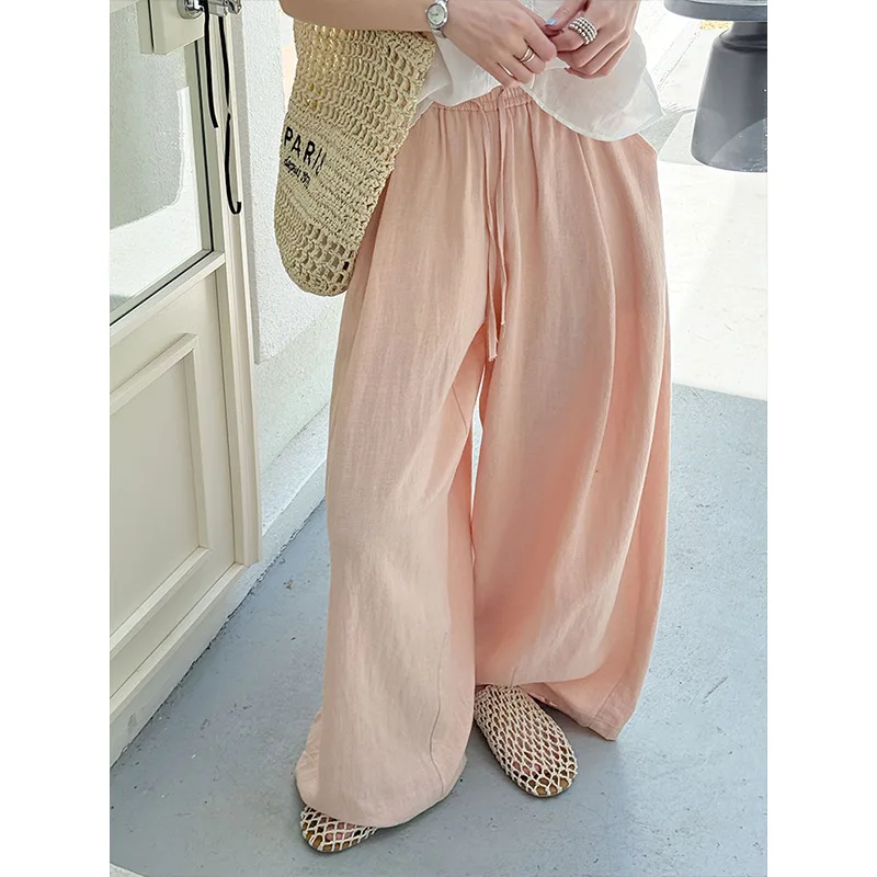 30% Linen 70% Lyocell Women Summer Pink Long Pants High Waist Wide Leg Pants Fashion Clothes Vintage Pants Female Trousers