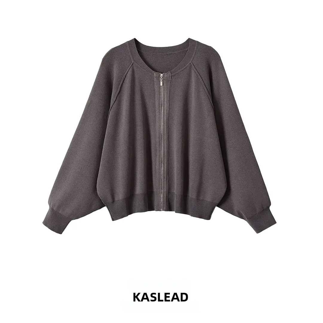 KASLEAD Women's Knitted Flight Jacket Long Sleeve round Neck Zipper Closure Polyester Fiber Autumn Fashion High-End Style