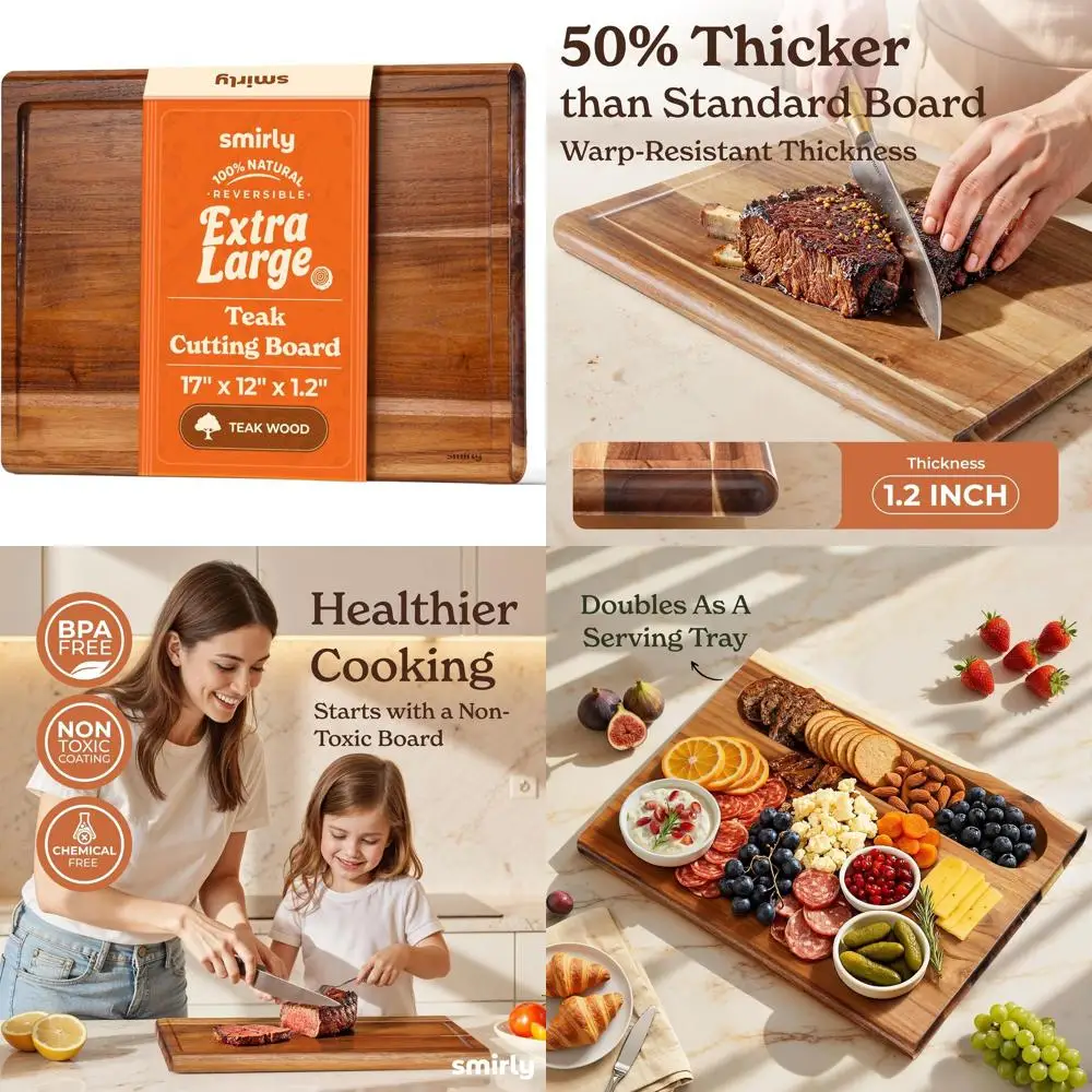 

Extra Large 17 Thick 1.2 Non-Toxic Teak Cutting Board with Deep Juice Groove for Heavy Duty Kitchen Use and Easy Cleaning
