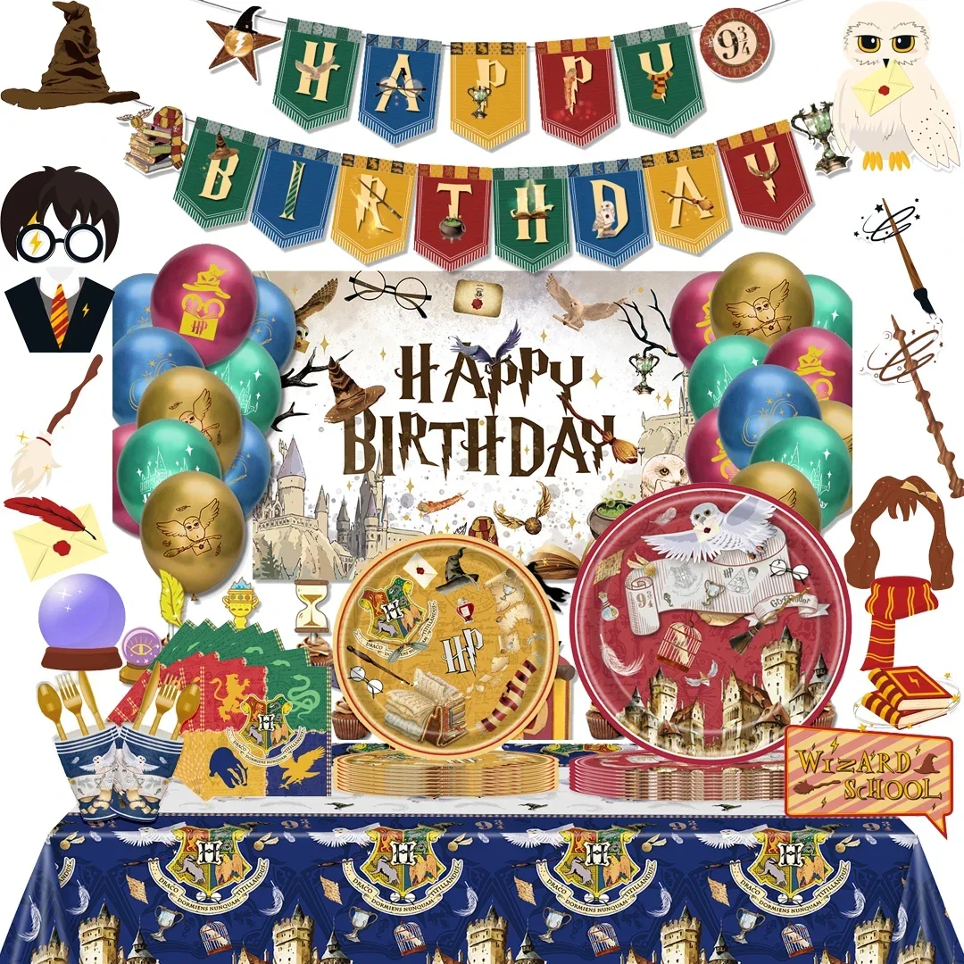 Cute Harry Potter Birthday Party dinnerware Disposable Banner Cake Topper Hanging Flag Harry Potter Balloons Birthday Decoration