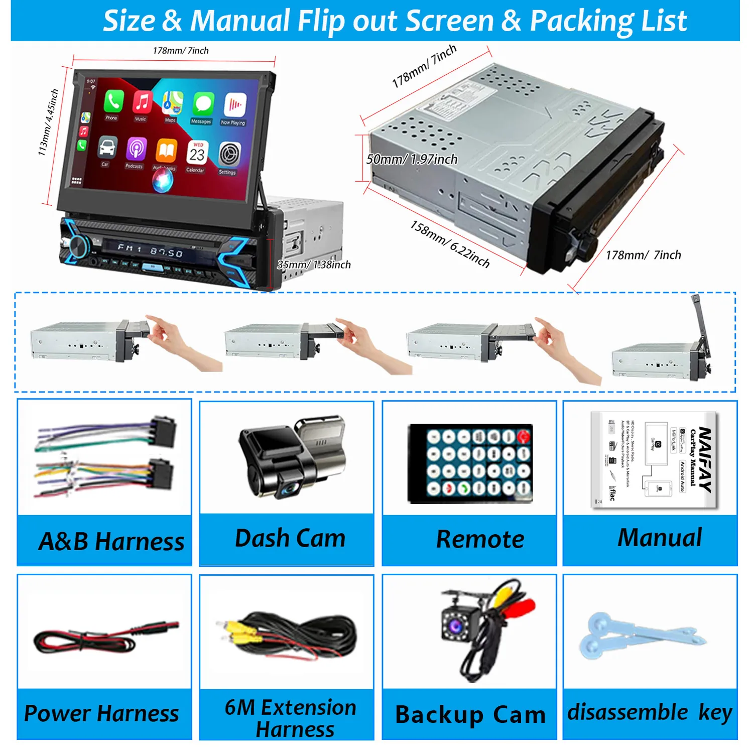 7 Inch Retractable Car Radio Stereo 1 Din HD Touch Screen Car Video Player with Dash Cam & Backup Camera Navigation AUX/FM/USB