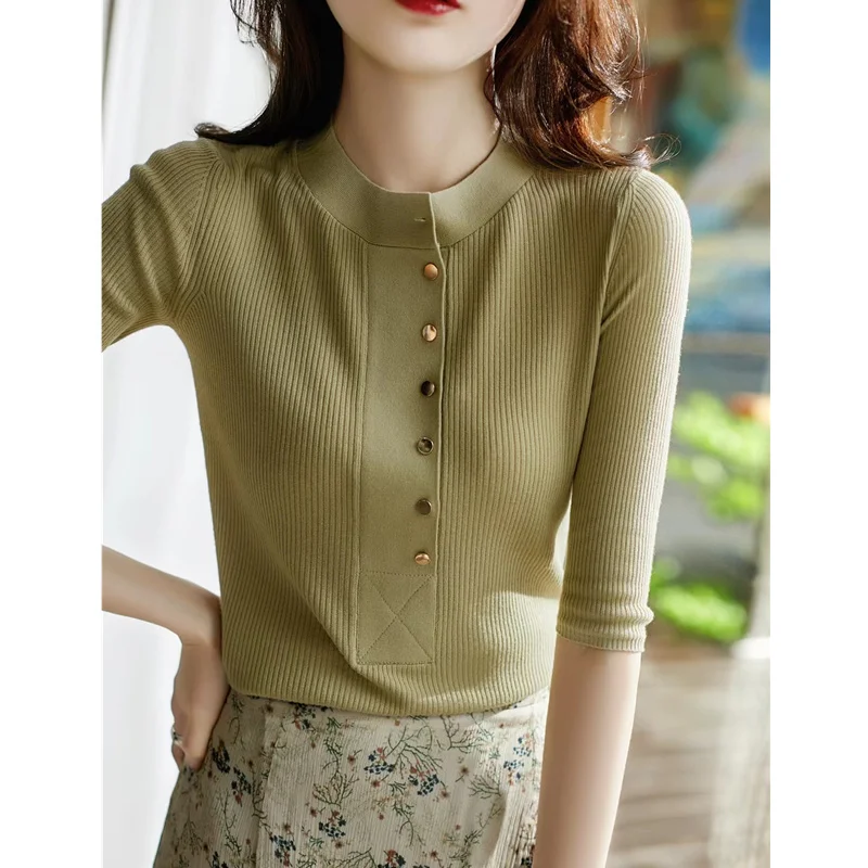 

ice Temperament silk knit shirt short women summer new versatile half T-shirt slim middle sleeve cotton thread top