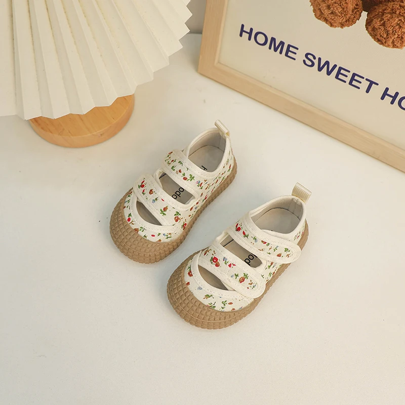 Floral Canvas Shoes Children Girls Square Mouth Casual Kids Girl Soft Soled Non-slip Shoe
