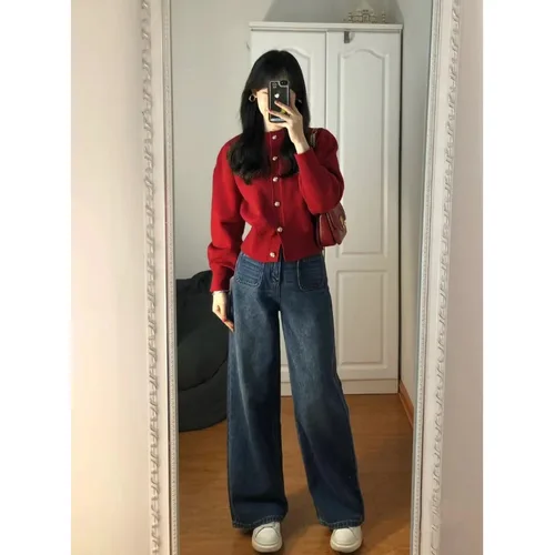 빨간색 스웨터 여성 가을 겨울 빨간색 니트 숏 긴팔 여성용 스웨터 니트웨어 스웨터 코트 여성 스웨터 코트 